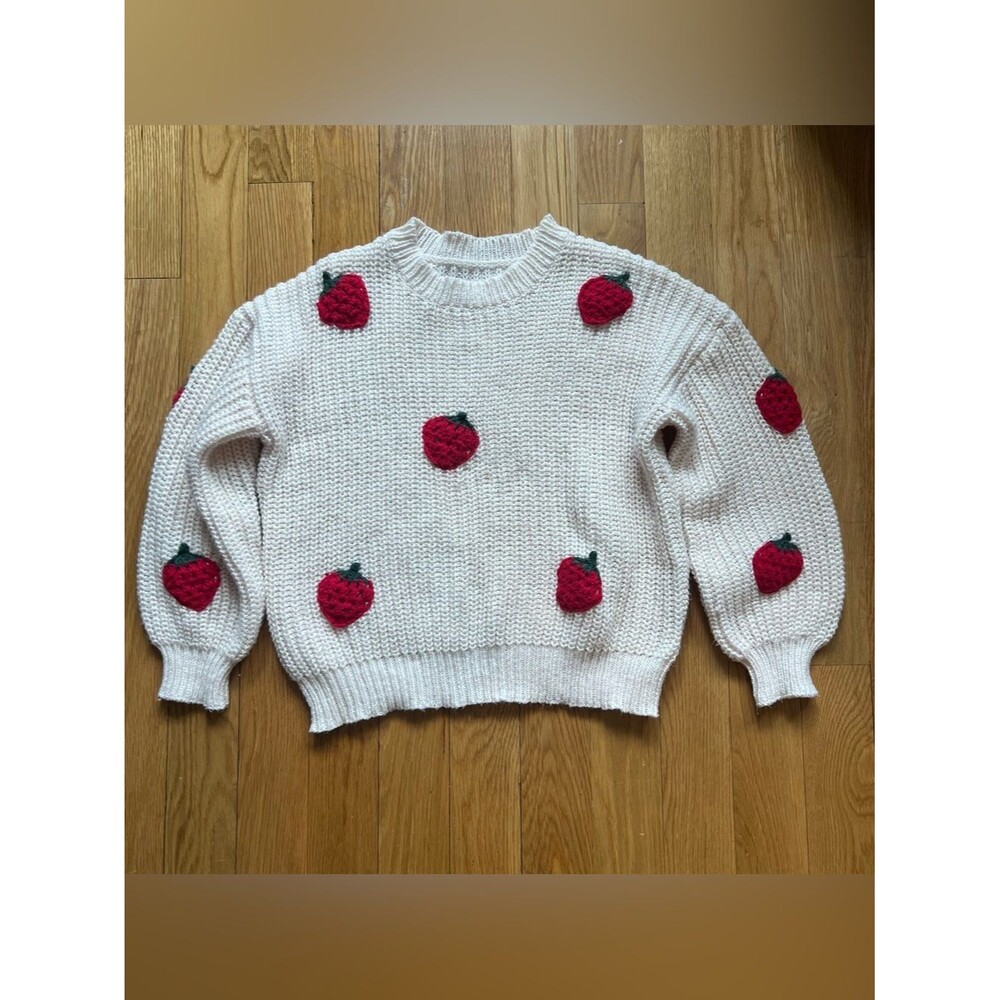 Cream Knit Crewneck Sweater Strawberry Crochet Cottage Fairy Size S